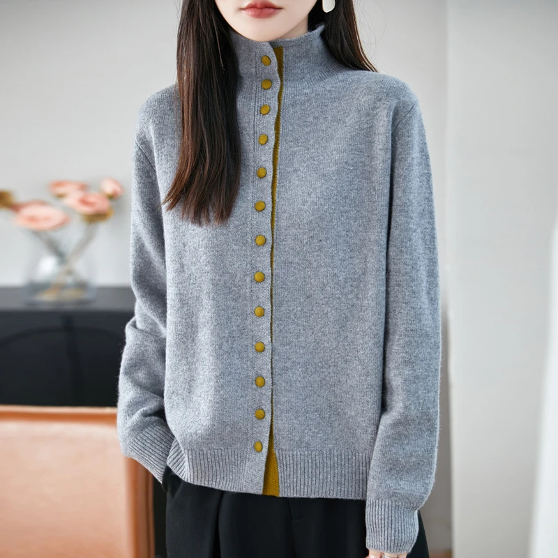 哥弟阿玛施官方秋季新款高圆领拼色排扣针织衫时尚百搭气质上衣女