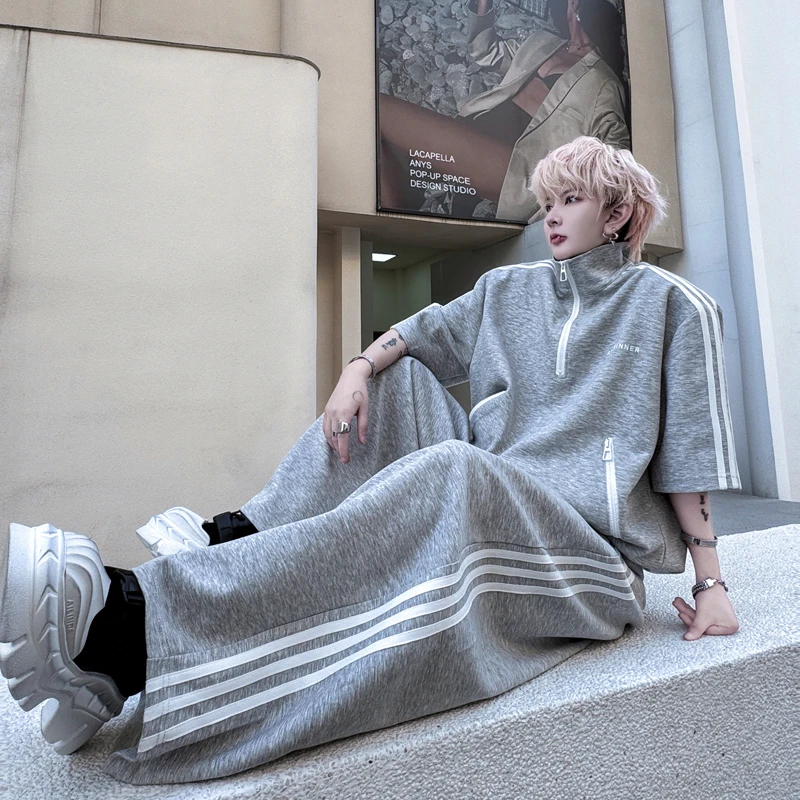 夏季高级感Polo衫立领短袖运动套装男小众撞色阔腿长裤休闲两件套