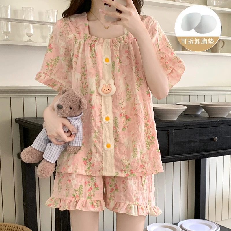 睡衣女款夏季带胸垫短袖短裤2025年新款碎花多巴胺日系ins家居服