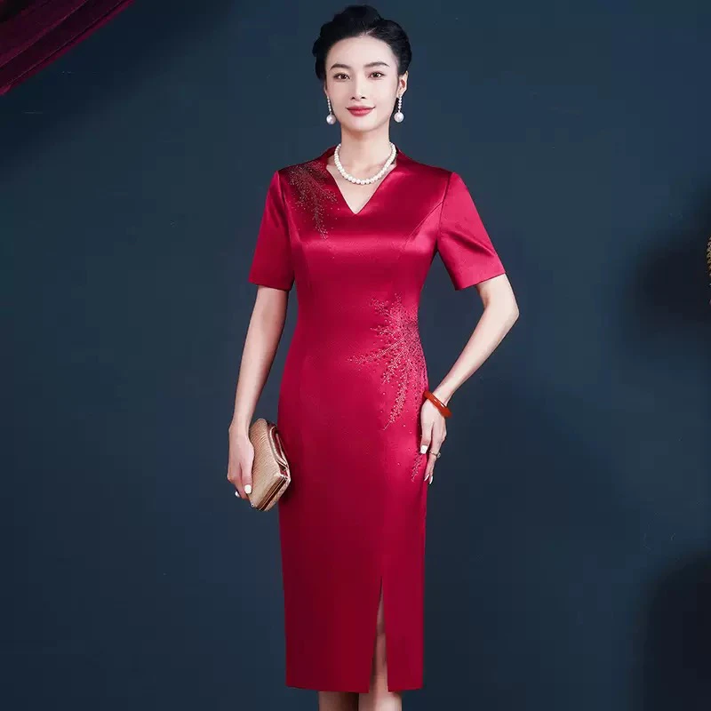 （多色）大码高端缎面喜妈妈婆婆婚宴礼服改良旗袍年轻气质优显瘦J