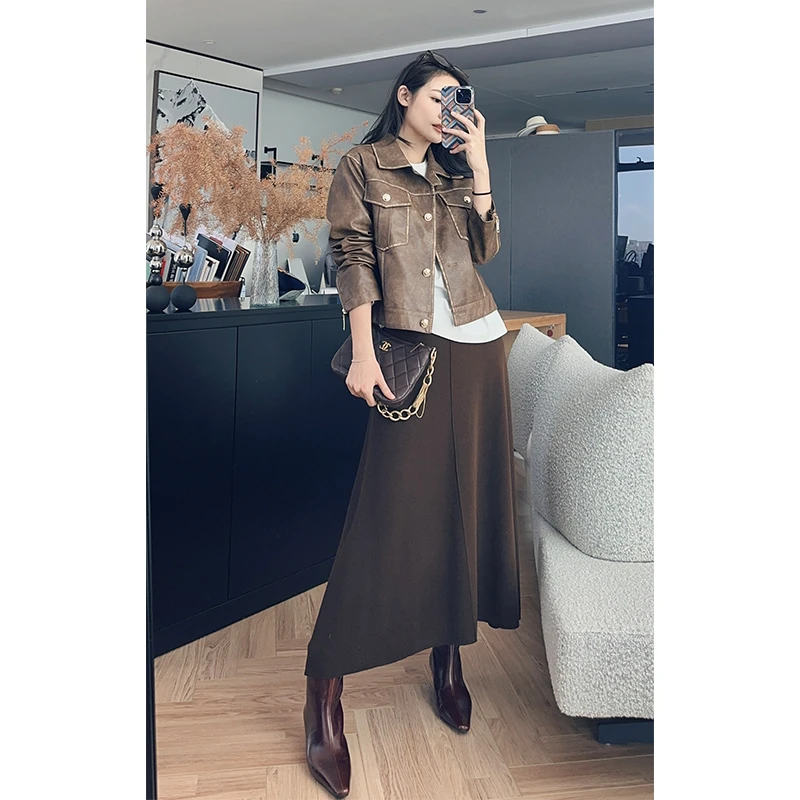 美洋MEIYANG【特卖捡漏】琥珀咖啡针织半裙 羊毛混纺赫本伞裙