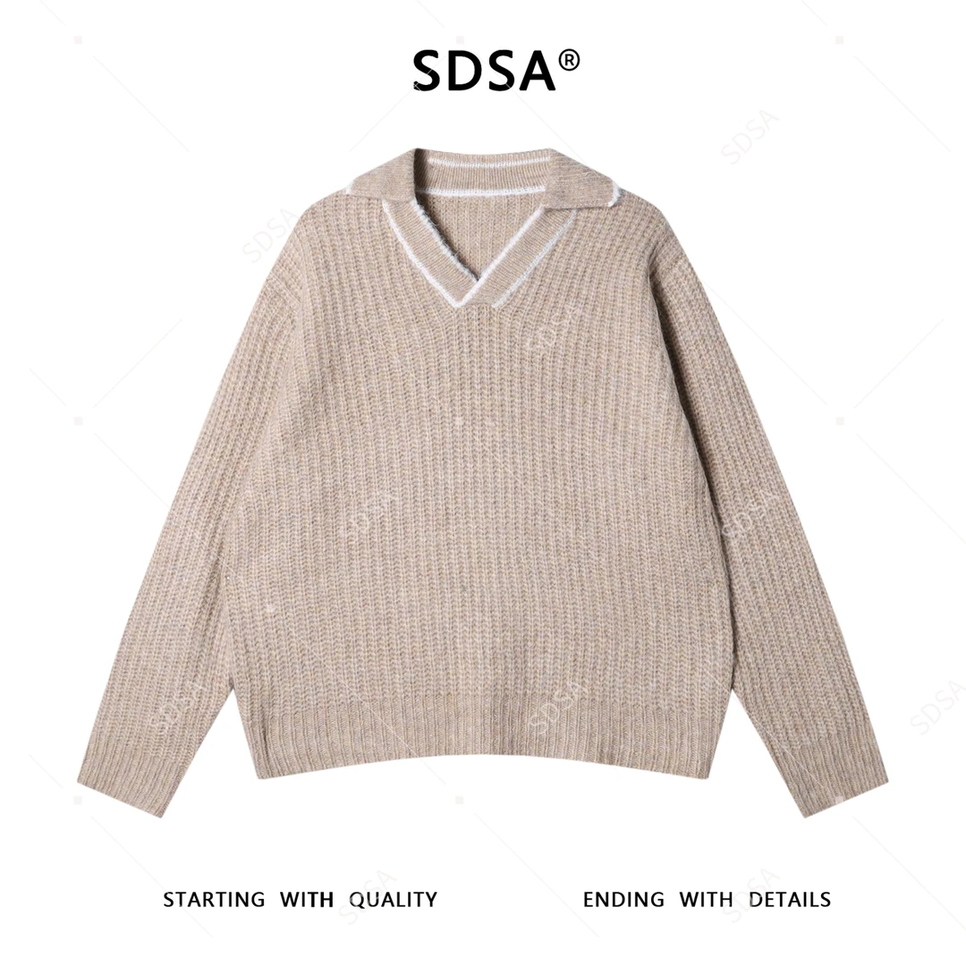SDSA男士秋冬新款痞帅男装潮牌简约小V翻领毛衣慵懒套头风针织衫