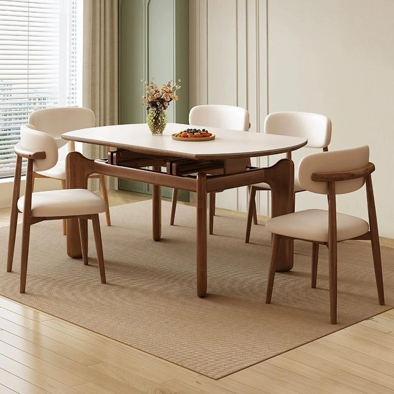 大象腿岩板餐桌可伸缩家用小户型现代简约实木方变圆餐桌多功能