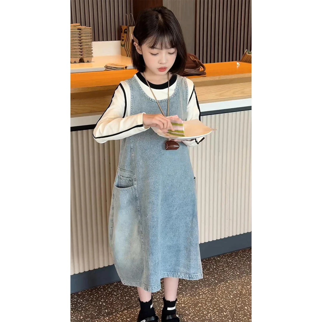 儿童2025年新款秋装大女童装裙子春秋款背心吊带高级感牛仔连衣裙
