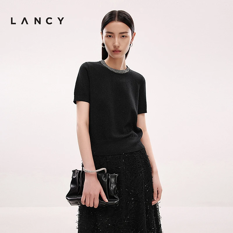 LANCY/朗姿2025年夏季新款法式气质短袖针织衫女黑色圆领T恤上衣L