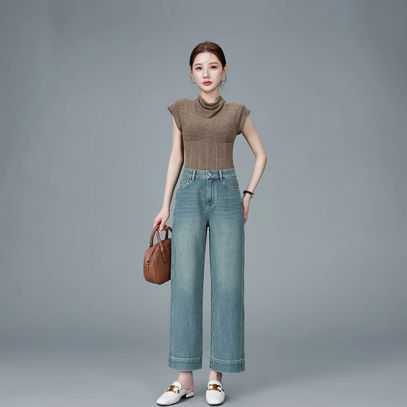 小蛮妹【小个子】高端千金九分直筒牛仔阔腿裤女四面弹复古女休闲