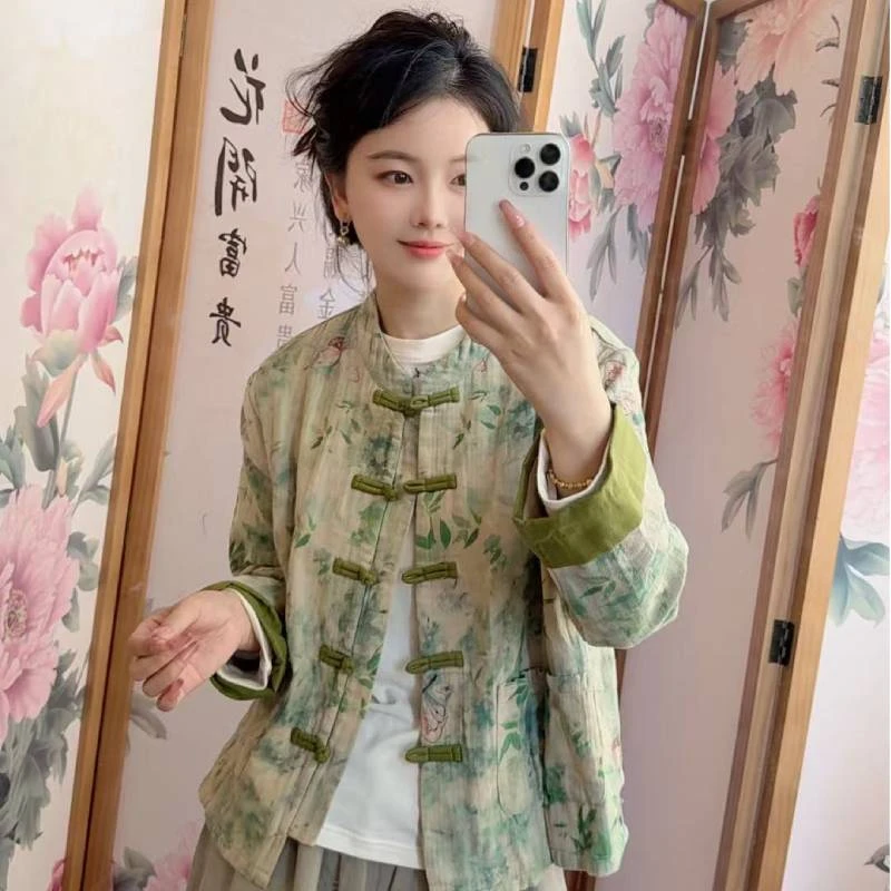 国风中式圆领袖口拼接外套女2025秋季新款时尚休闲女士棉衣外套