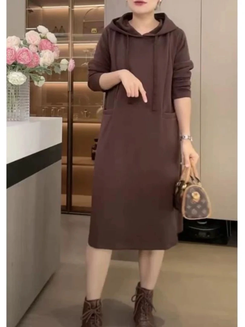 新款25605连帽长袖连衣裙女2025气质宽松显瘦中长款休闲裙子潮