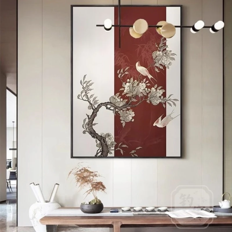 新中式红色花鸟桃花喜庆走廊过道玄关客厅装饰画壁画