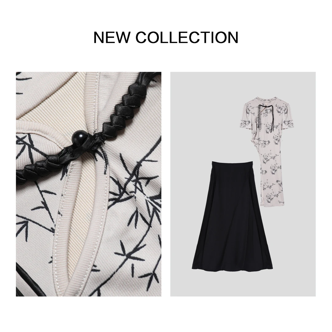 【丽公主专属】新品中式竹纹上衣 + 高腰黑裙套装 D3F20010Z