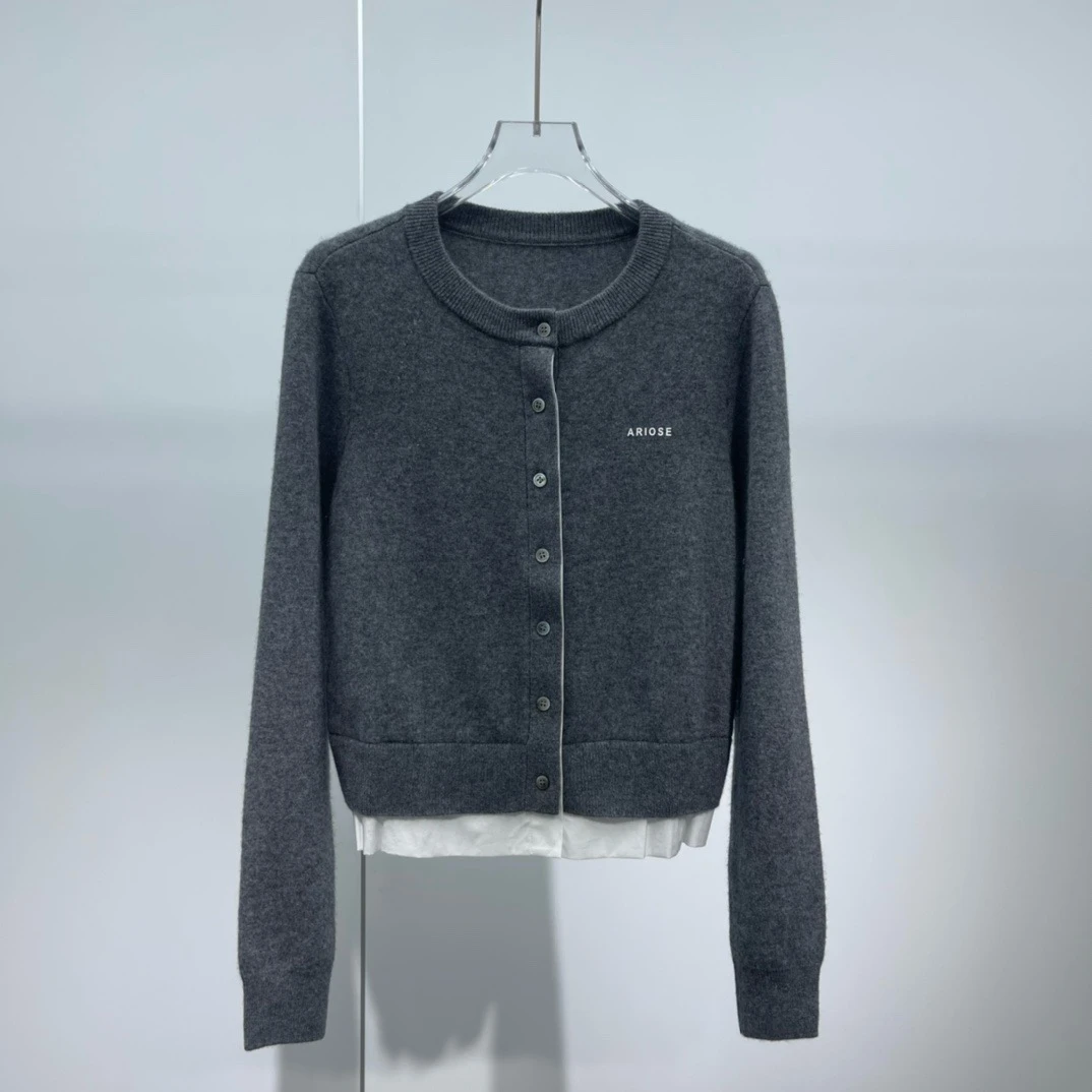 宽松型女春季毛针织衫短款开衫百搭灰色圆领上衣长袖8008