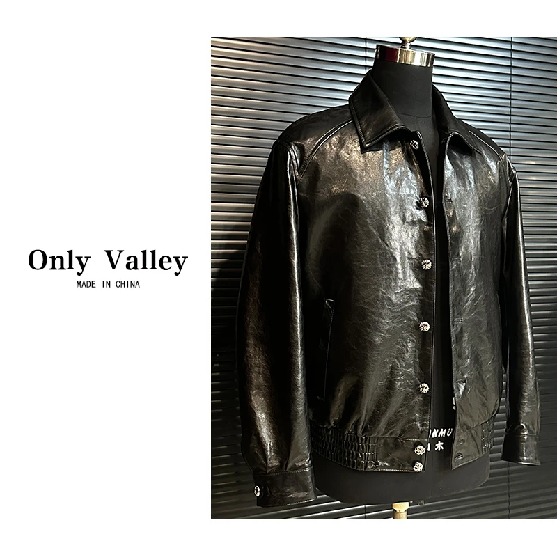 新款加厚桑蚕丝冷翡翠曜石黑水蜡时尚男皮夹克复古宽松落肩真皮衣