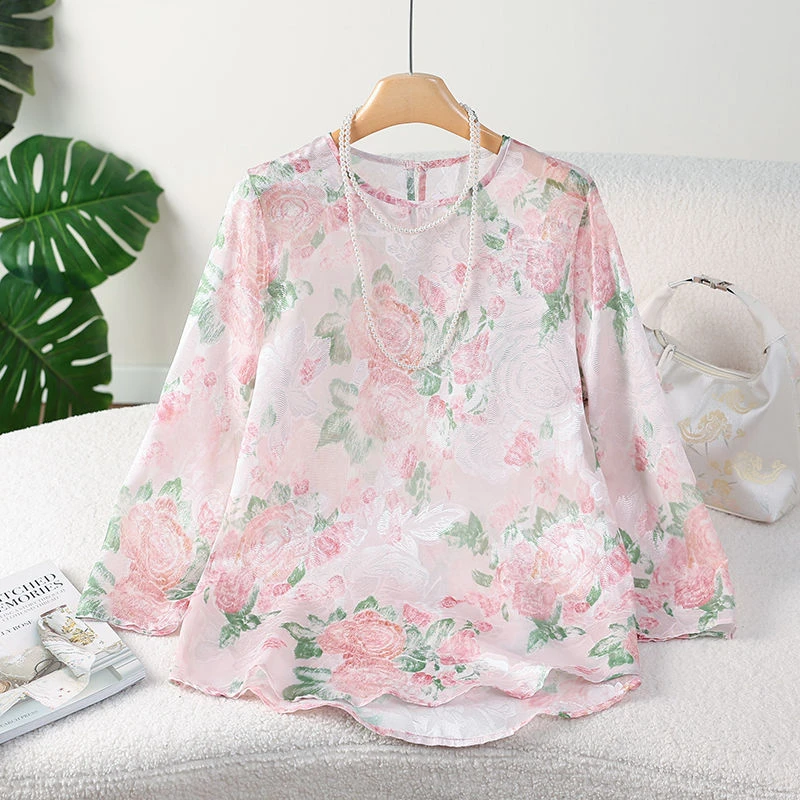 新中式国风大花蕾丝宽松圆领女夏季半透轻长袖防晒衫上衣