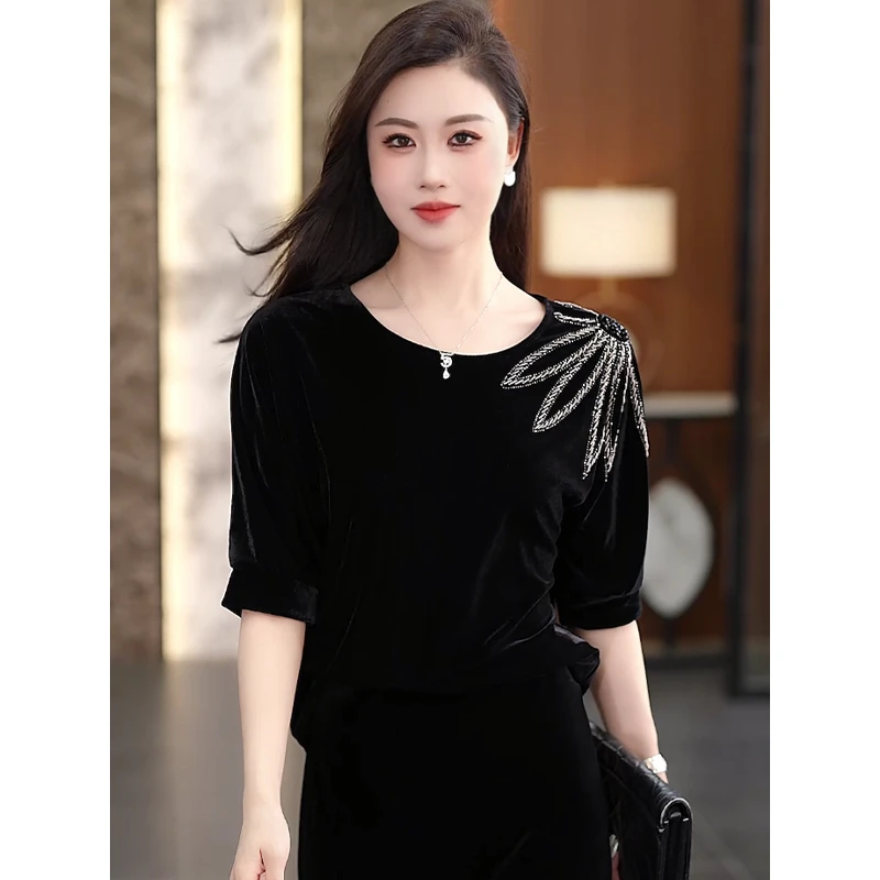 8792#金丝绒上衣女秋装2025新款高端重工钉珠T恤妈妈高贵洋气小衫