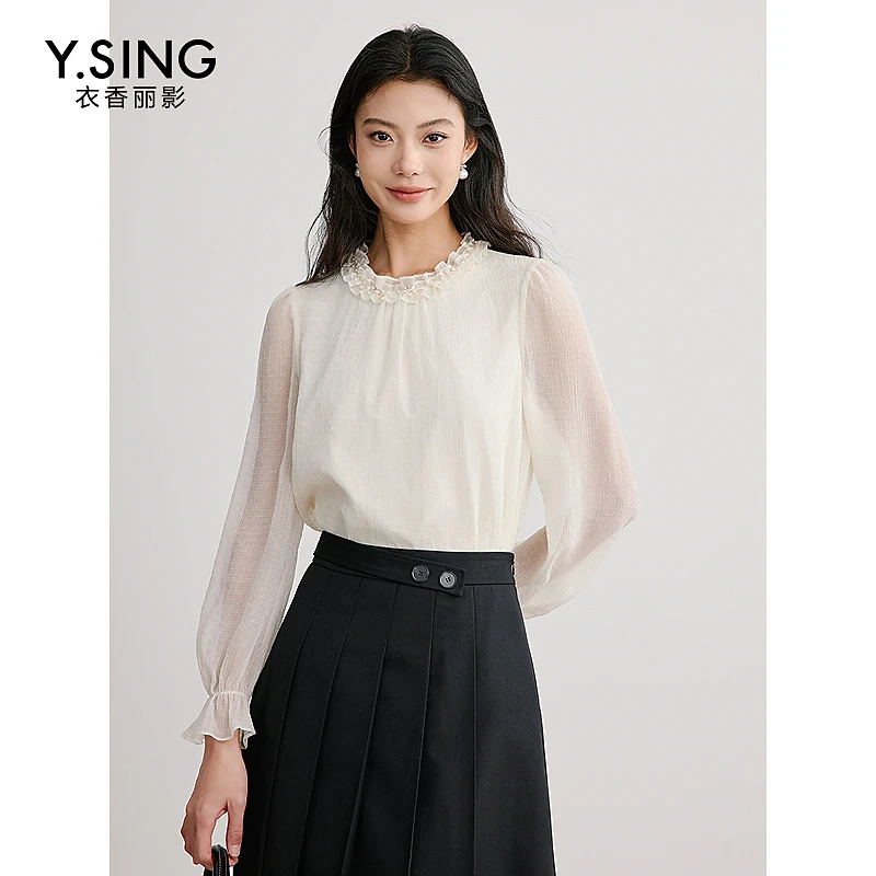 衣香丽影白色木耳边雪纺衫女2025春季新款轻奢高级感法式钉珠上衣