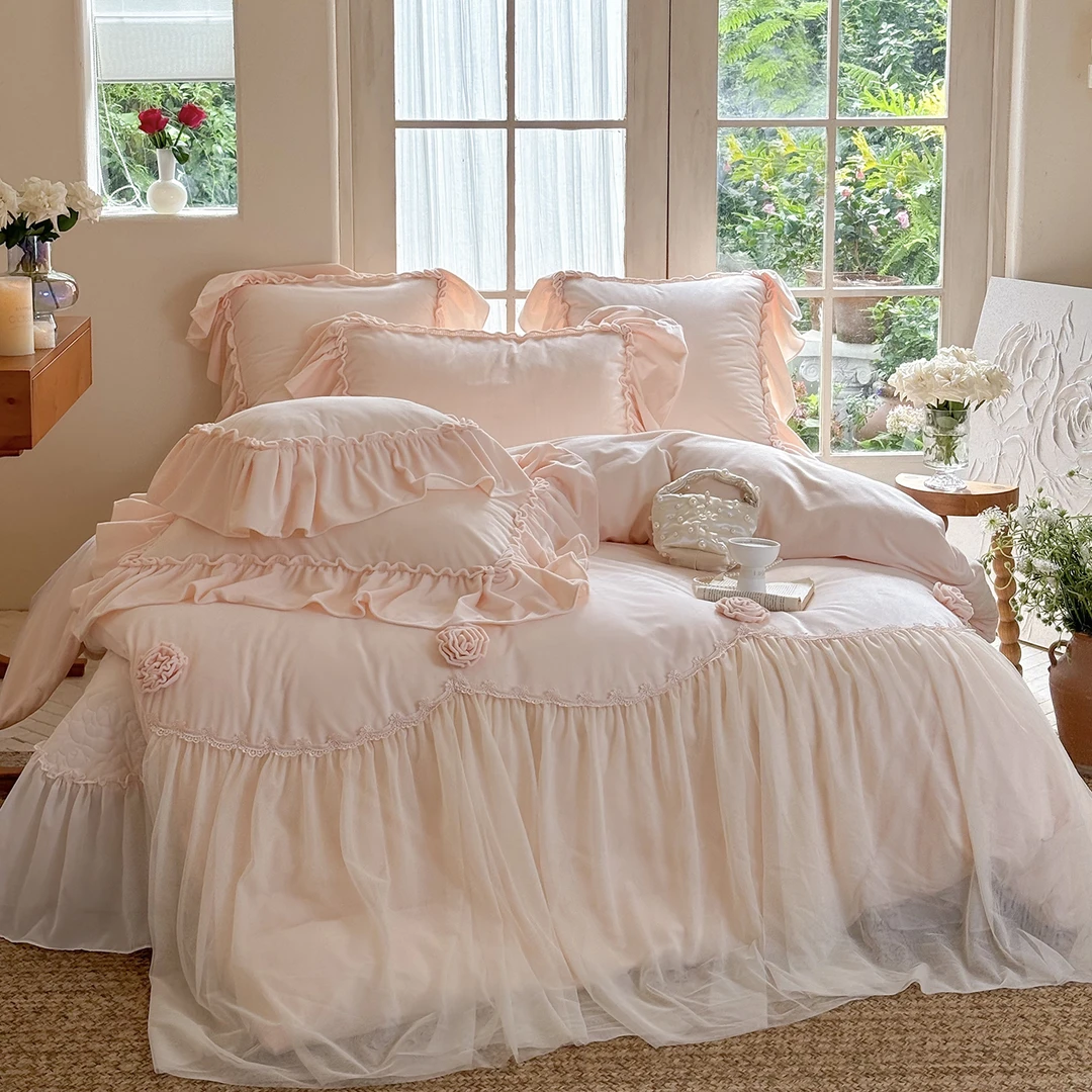 法式公主风婴儿绒四件套牛奶绒双面毛绒被套床单加厚保暖蕾丝床品