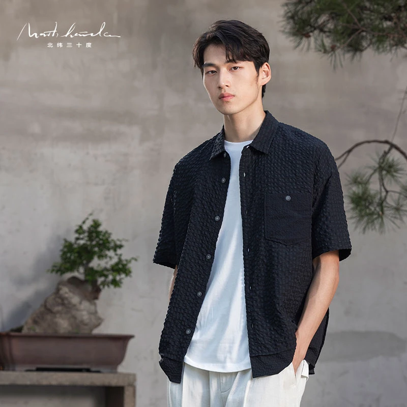 北纬三十度男士泡泡纱夏季时尚格纹简约透气百搭翻领短袖休闲衬衫
