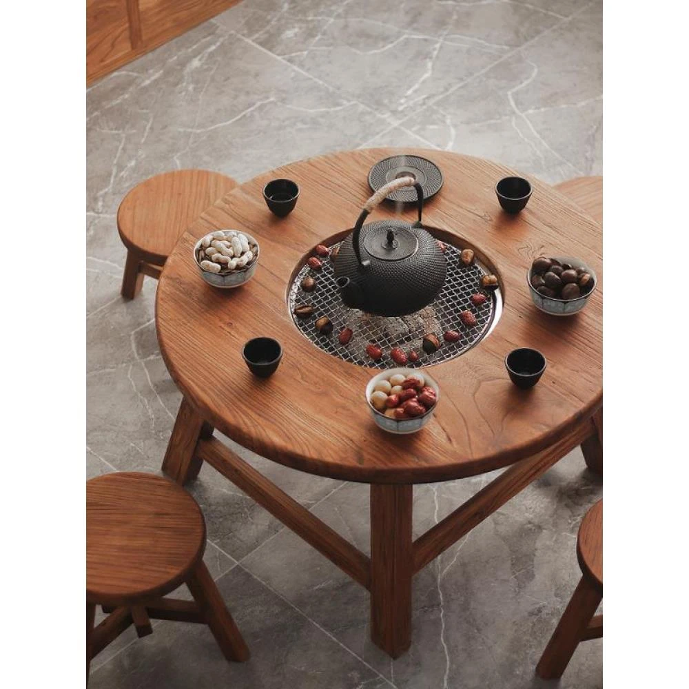 围炉煮茶桌子老榆木火锅烧烤桌冬天实木茶桌中式庭院套装家用室内