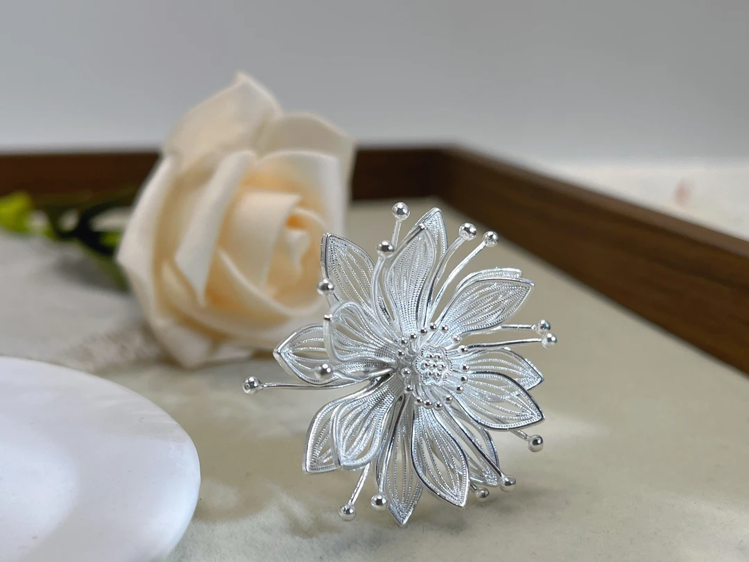 足银银制品 【云饰银阁】沉水莲发簪足银花丝手工发叉纯手工