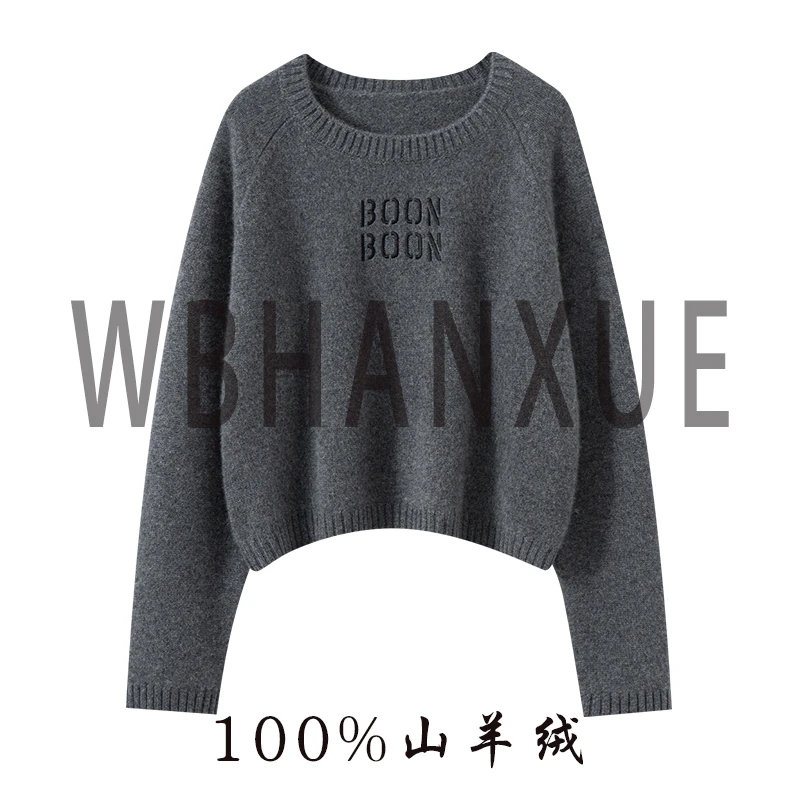 【俏佳人】女士短款圆领刺绣100%纯山羊绒3股纱字母时尚羊绒衫打底