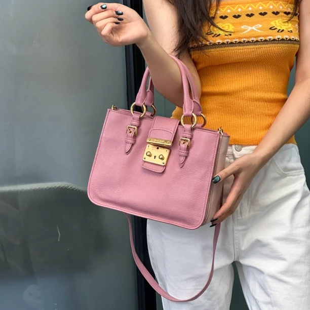 95新 MIU MIU/缪缪 缪缪粉色拼色手提托特包