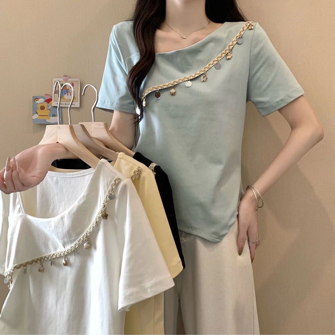 【wy】2025年大码女装新款重工民族风斜领正肩短袖T恤3203