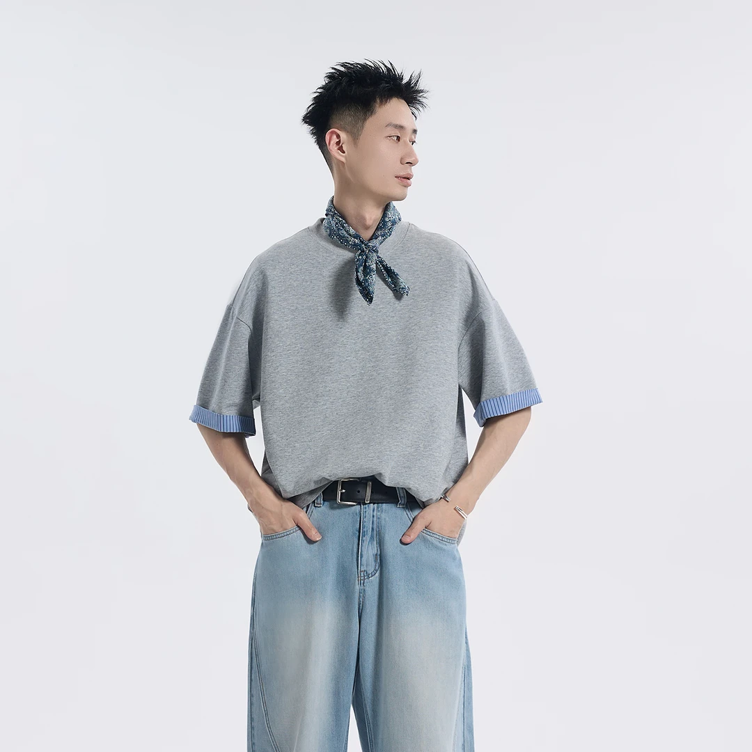 夏季新款韩版拼接条纹设计短袖休闲简约高级感经典圆领T恤8132