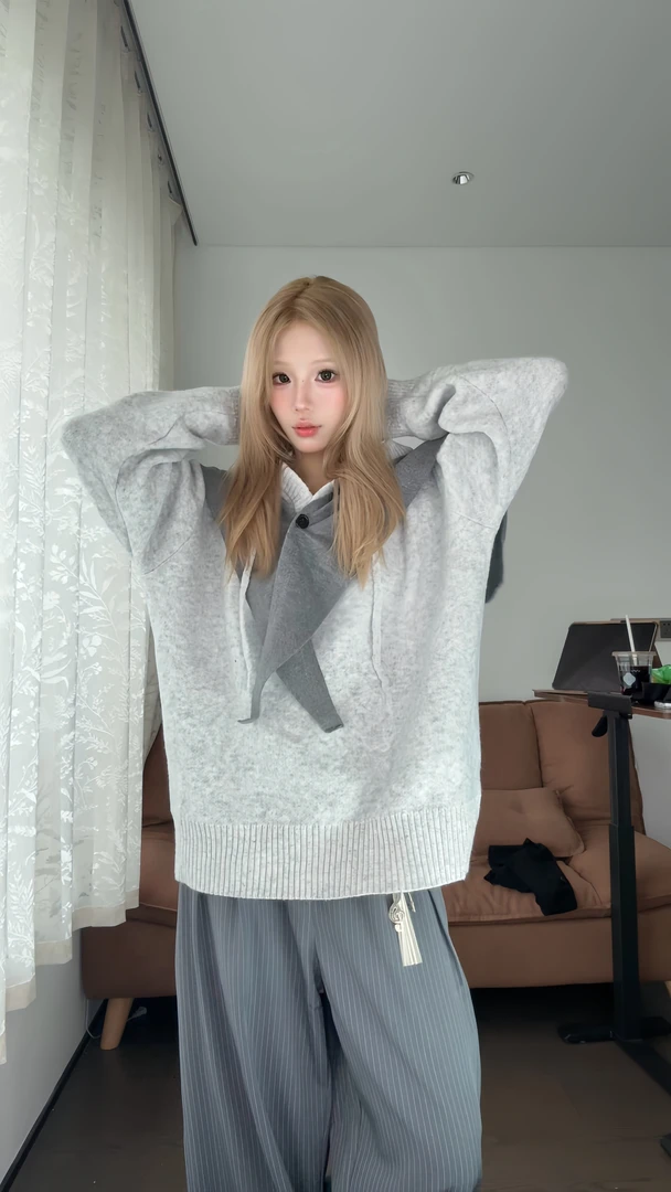 美式潮牌连帽针织衫上衣情侣外套高街软糯慵懒风百搭卫衣式毛衣