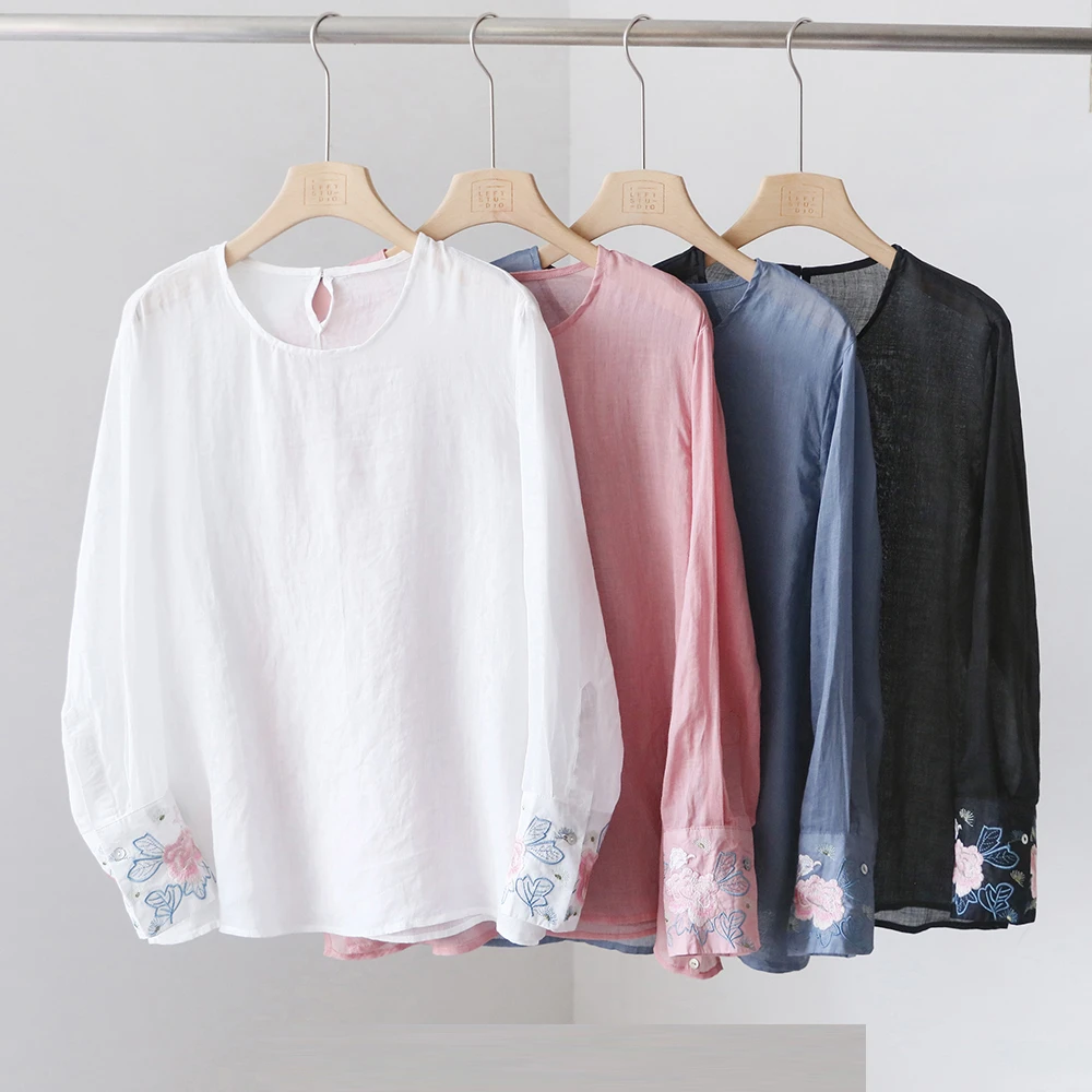 新中式国风袖口刺绣苎麻长袖衬衫百搭宽松薄款防晒衬衣上衣 3SP75