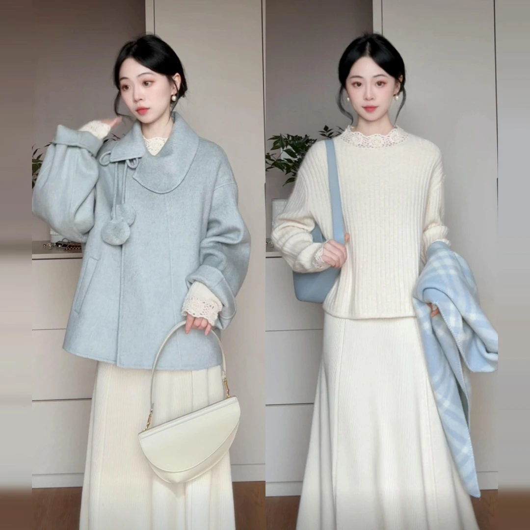 法式白色毛衣连衣裙子小众炸街高级感女装秋冬季2025新款长裙套装