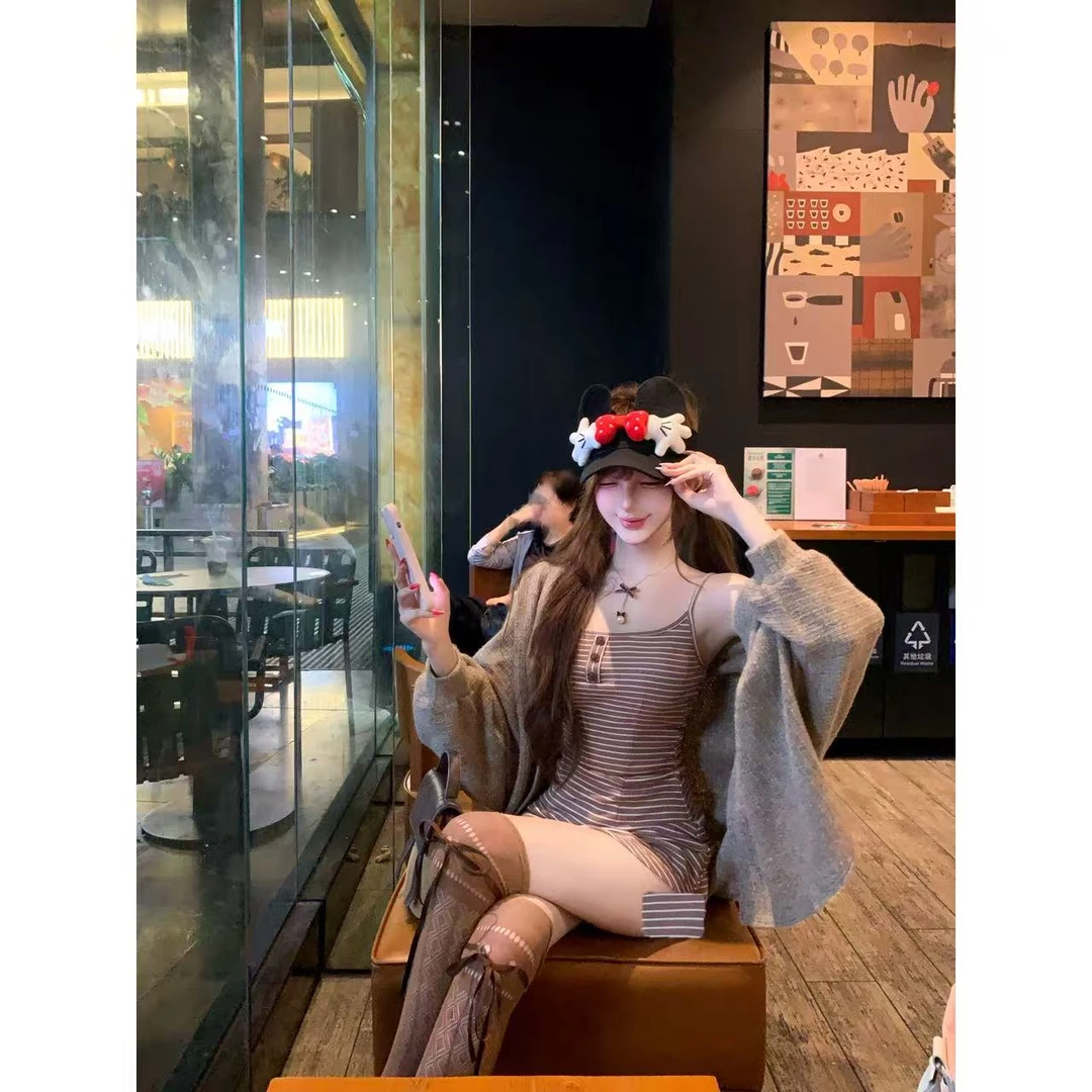 慵懒韩女2.0 纯欲慵懒风吊带连衣裙针织开衫R2370-1L