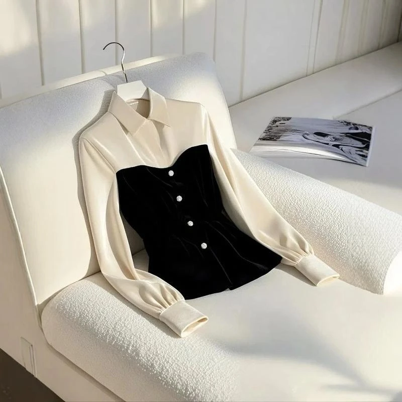 今年流行爆款黑色拼接衬衫女2025春秋新款高级感修身显瘦长袖上衣
