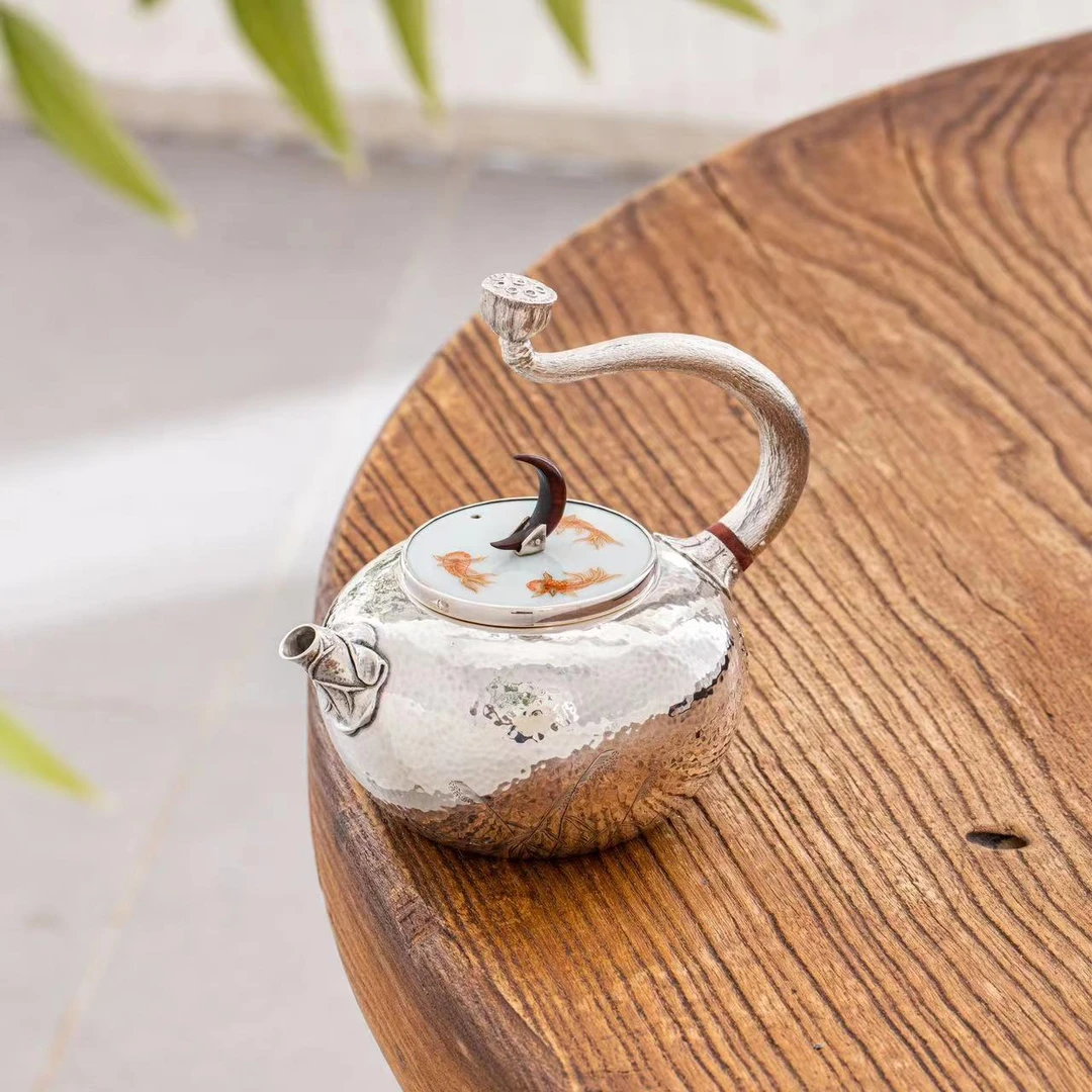 蜂鸟工坊 大师壶 木钮瓷盖麻纹錾刻荷叶提梁小壶 SWA2598