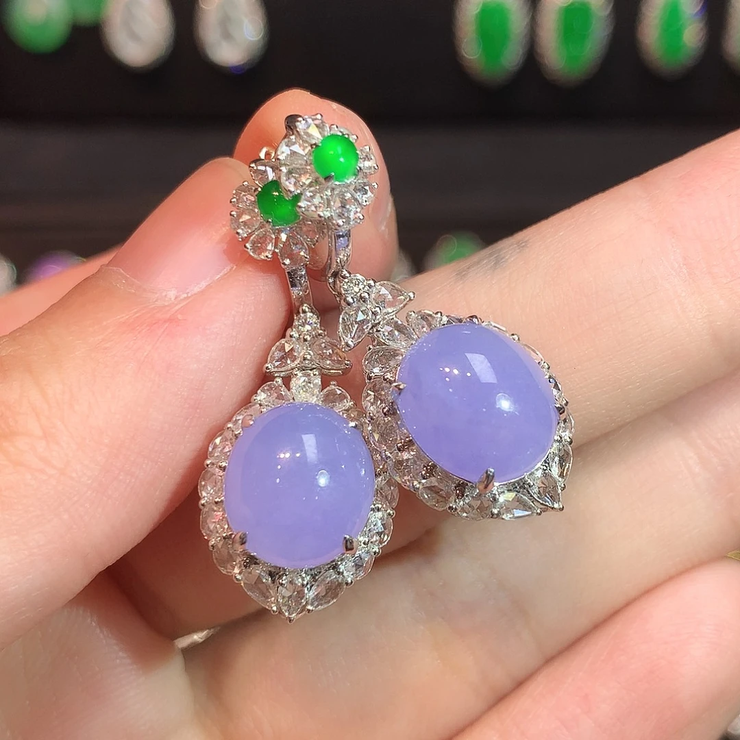 翡翠18K金镶嵌耳饰高冰紫罗兰大蛋面耳坠