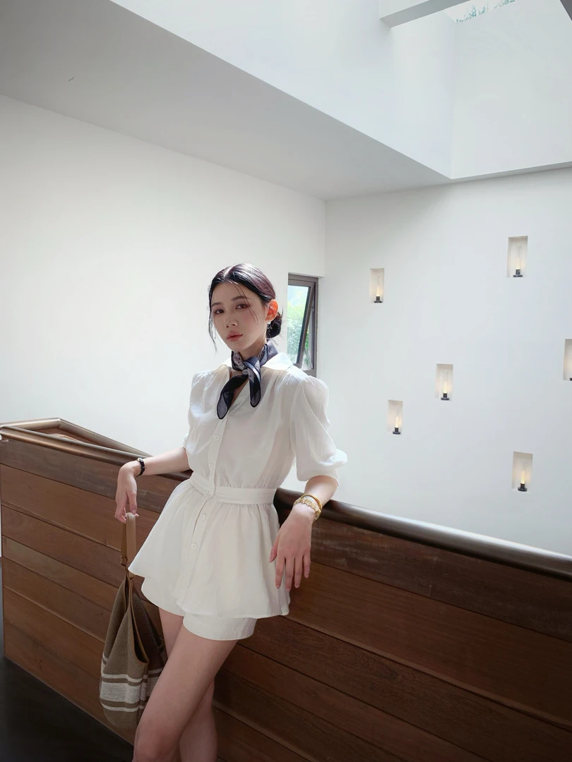 70不是七十【季风独白】夏季翻领收腰中袖中长款衬衫中低腰休闲短裤