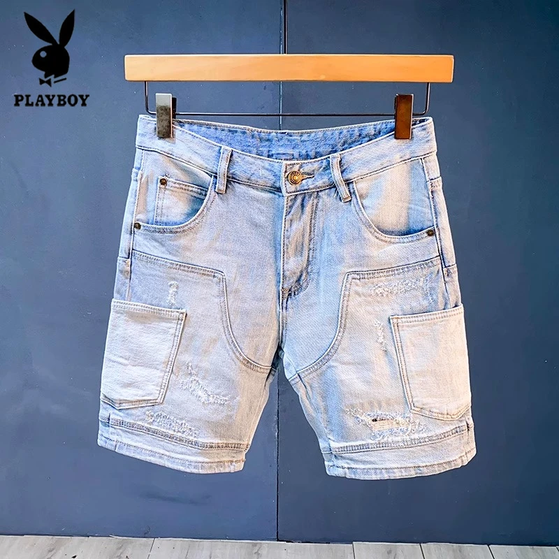 花花公子夏季新款男士时尚潮流高级感痞帅破洞工装牛仔短裤五分裤