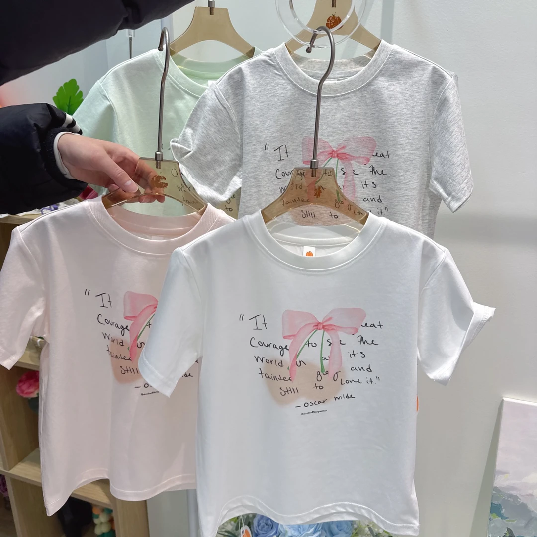 夏南2926儿童夏季新款中童樱桃蝴蝶结印花短袖