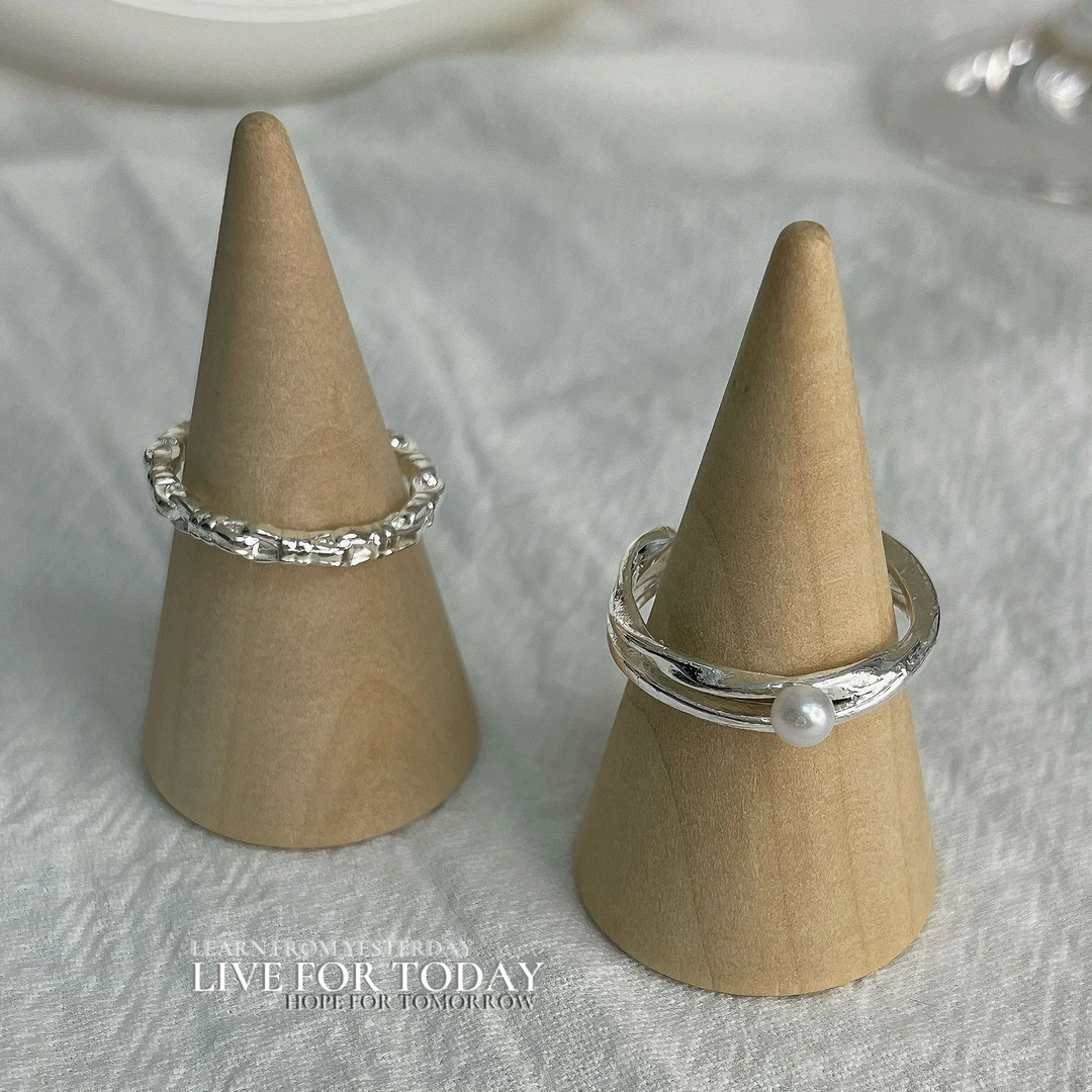 合金仿珍珠戒指 珍珠交叉+细链镂空戒指素圈指环叠戴高级感时尚