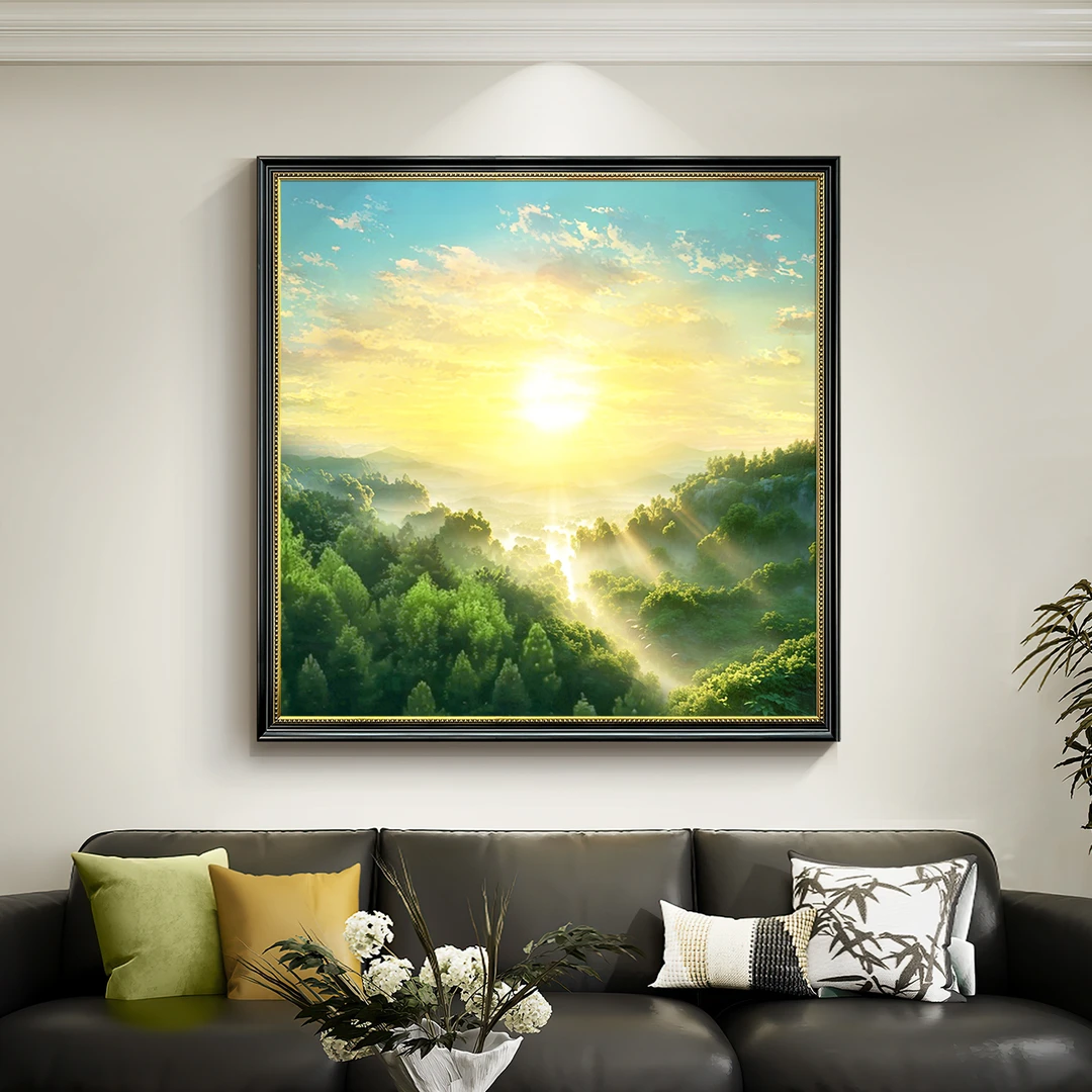 原创旭日东升饭厅挂画大幅东墙装饰画高档日出风景玄关纯手绘油画