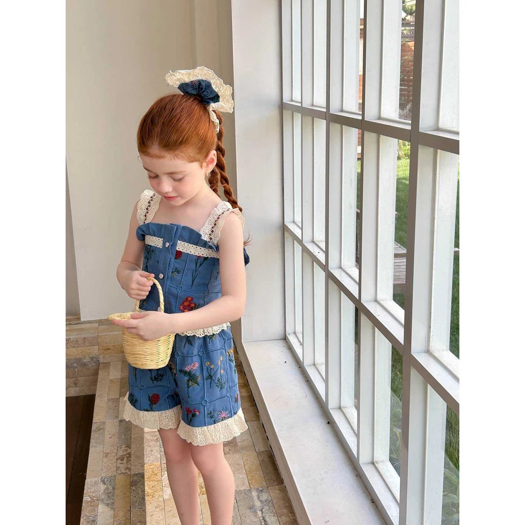 【现货】252-蜜桃汁童装2025年夏季新款韩版刺绣套装-57270蓝色