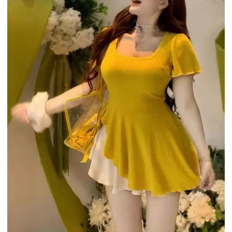 （小酥肉）韩版U领飞袖收腰T恤百搭不规则绑带修身显瘦上衣女25035