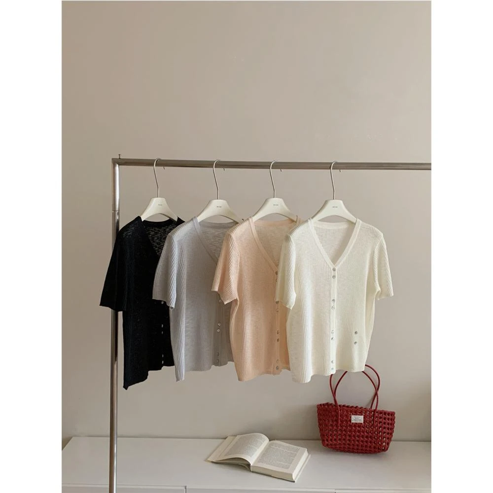 山雾竹影纽扣凉感开衫女韩系V领薄款显瘦针织短袖上衣女日系