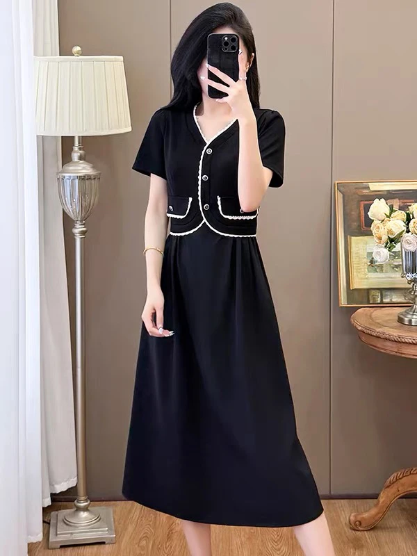 小香风休闲连衣裙女夏2025新款法式收腰显瘦气质V领黑色长裙子