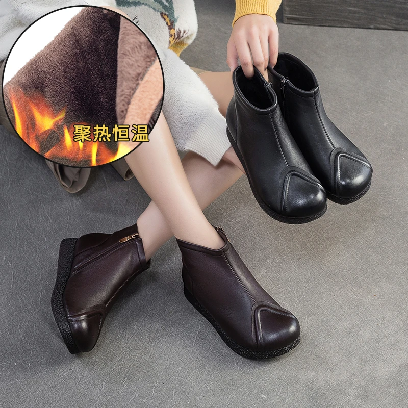 杰骤2025冬季新款森系英伦风圆头短靴头层牛皮复古加绒保暖潮女鞋