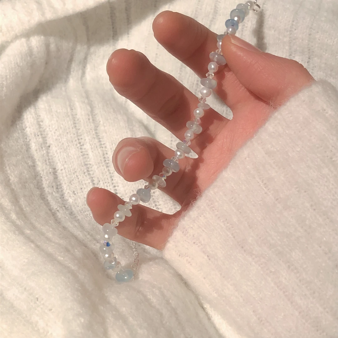 SG1551-［冰蓝生椰］海蓝宝小珍珠施华洛手串均有瑕多样性发小清新