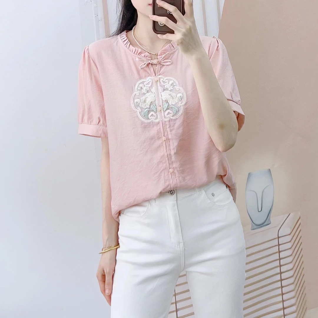858清F3夏季新品专柜新品时尚气质中式刺绣国风短袖小衫