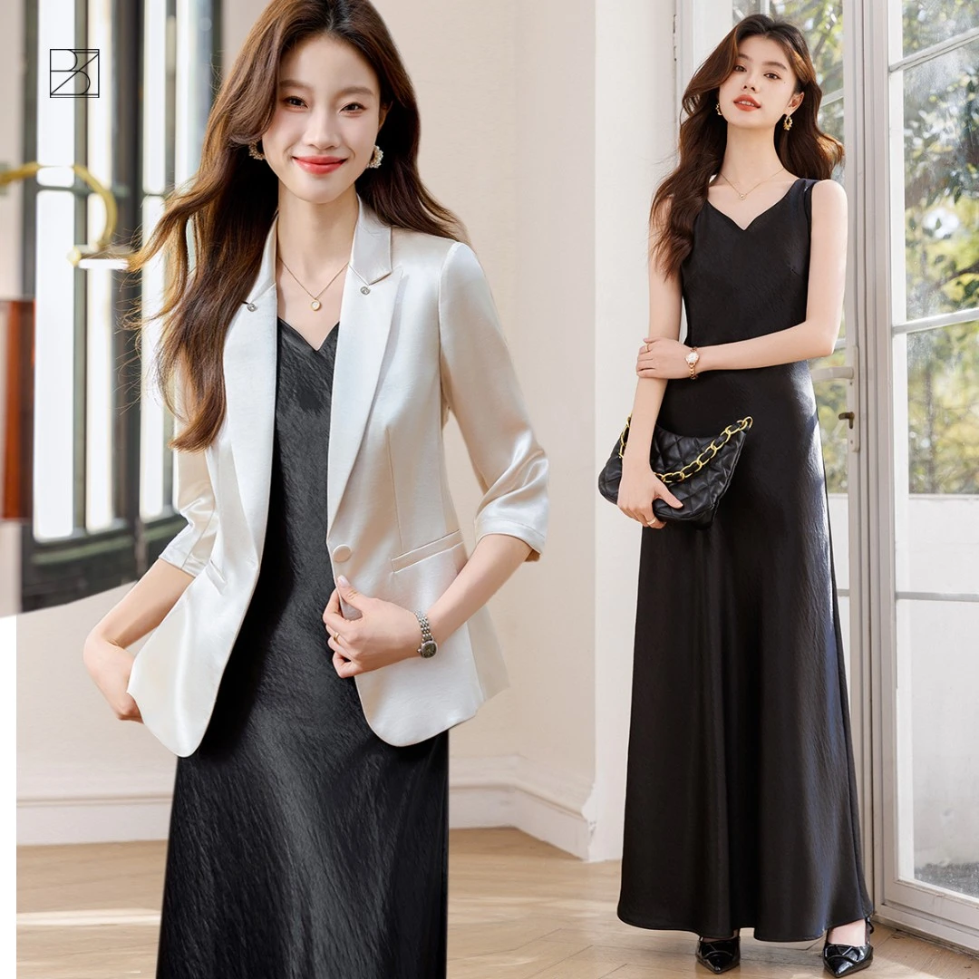 『初亦』高级缎面西装外套女夏季2025新款时尚七分袖西服吊带裙套装