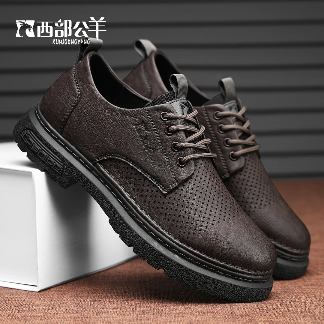 西部公羊春夏男士透气牛皮爆款休闲皮鞋轻便舒适轻盈清爽新品真皮