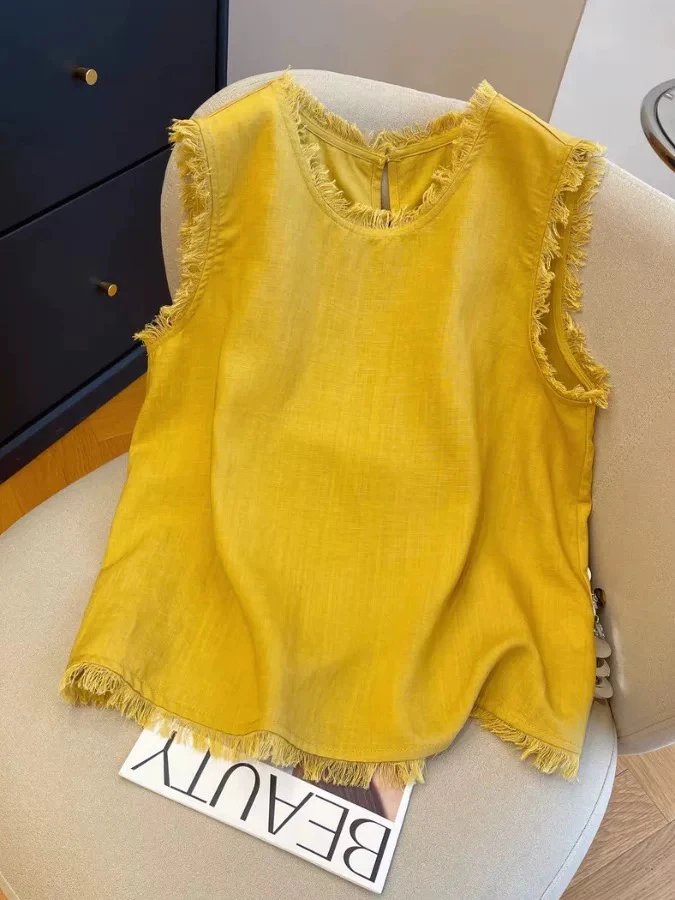 黄色流苏边无袖衬衫女夏季宽松洋气设计感背心上衣小衫