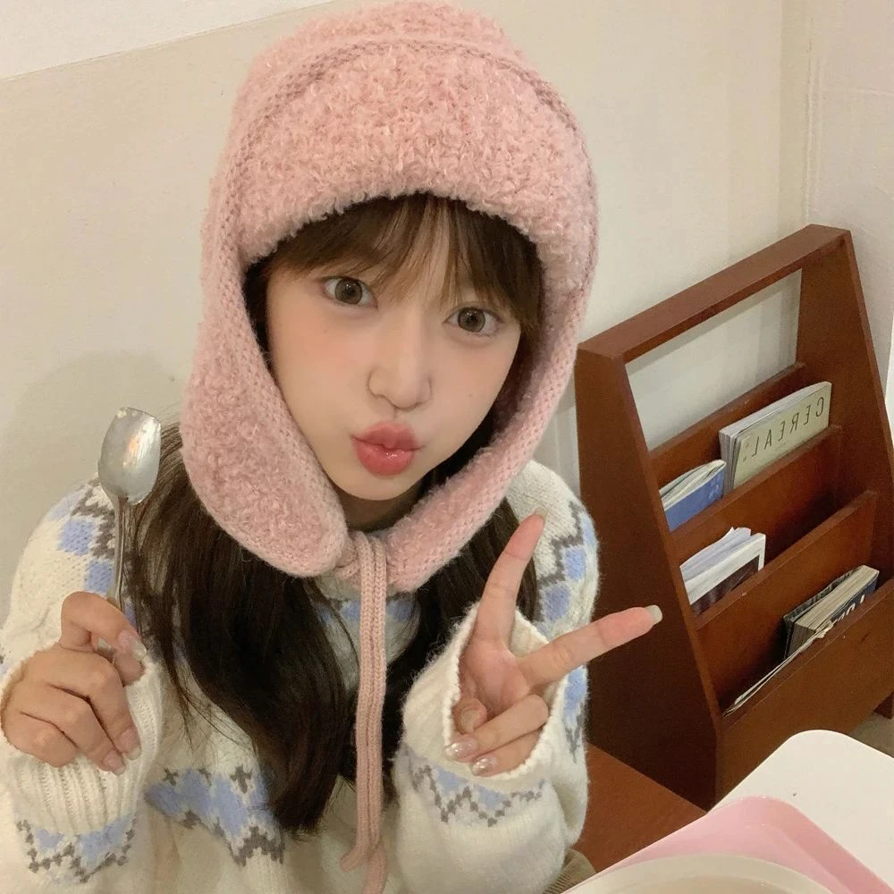 冬日氛围感飞行帽加绒护耳帽针织毛线帽巴拉克拉法帽女学生
